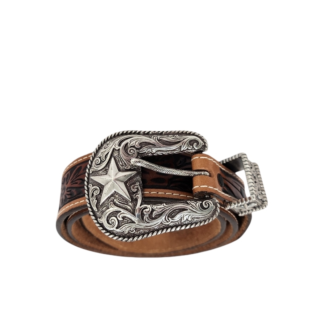Justin Boots Brown Tooled Leather Belt with Silver Western Star Buckle
